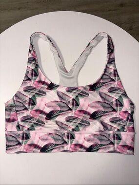 Pink Leaf-Print Racerback Sports Bra